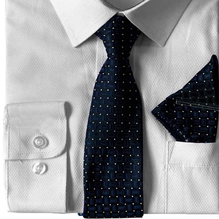 White Boys Dress Shirt, Navy Patterned Tie Shirt Luxurious Weddings