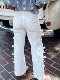 Back view of Bow-Accented Wide-Leg Pants showcasing bow details and casual style.