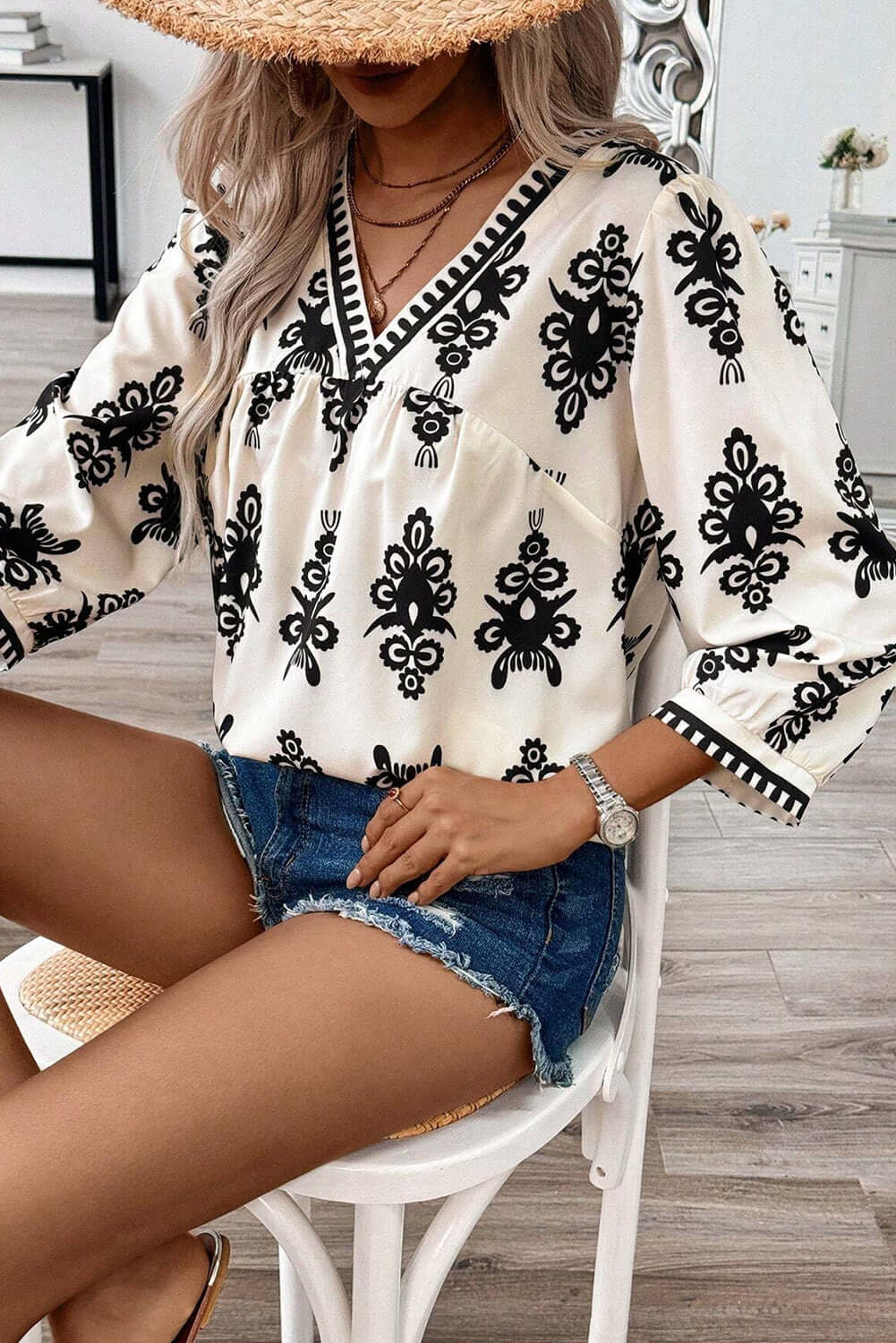 Beige Vintage Geometric Printed 3/4 Sleeve V Neck Blouse Tops/Blouses & Shirts Luxurious Weddings