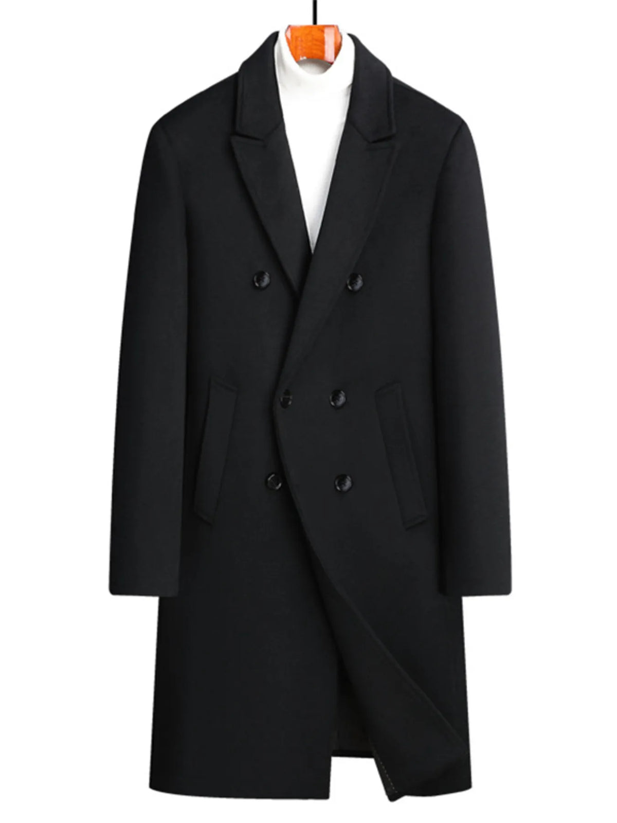 Men's plus size double-breasted wool overcoat in black with button details and side pockets.