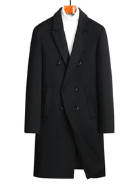 Men's plus size double-breasted wool overcoat in black with button details and side pockets.