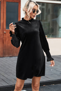 Black Velvet Frill Neck Long Sleeve Shift Dress