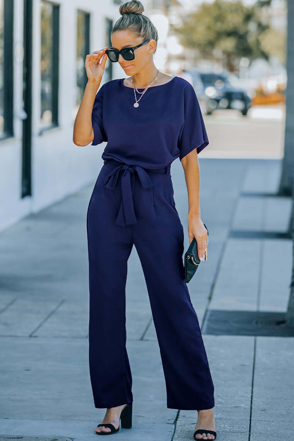 Blue Belted Wide Leg Jumpsuit Bottoms/Jumpsuits & Rompers Luxurious Weddings