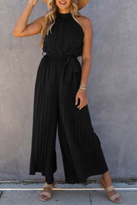 Black Halter Neck Pleated Wide Leg Jumpsuit with Belt Bottoms/Jumpsuits & Rompers Luxurious Weddings