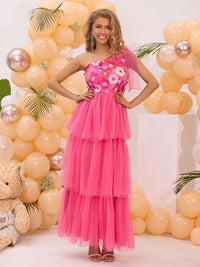 Embroidered Layered Single Shoulder Midi Dress Midi dresses Luxurious Weddings