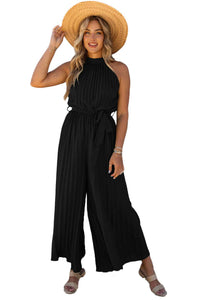 Black Halter Neck Pleated Wide Leg Jumpsuit with Belt Bottoms/Jumpsuits & Rompers Luxurious Weddings