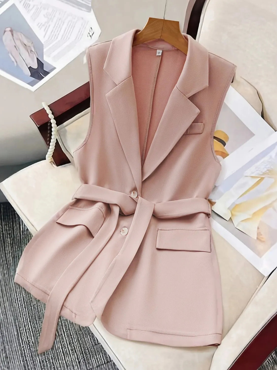Tie Waist Lapel Collar Sleeveless Blazer Blazers Luxurious Weddings