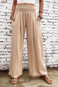 Khaki Smocked Wide Waistband High Waist Wide Leg Pants Bottoms/Pants & Culotte Luxurious Weddings