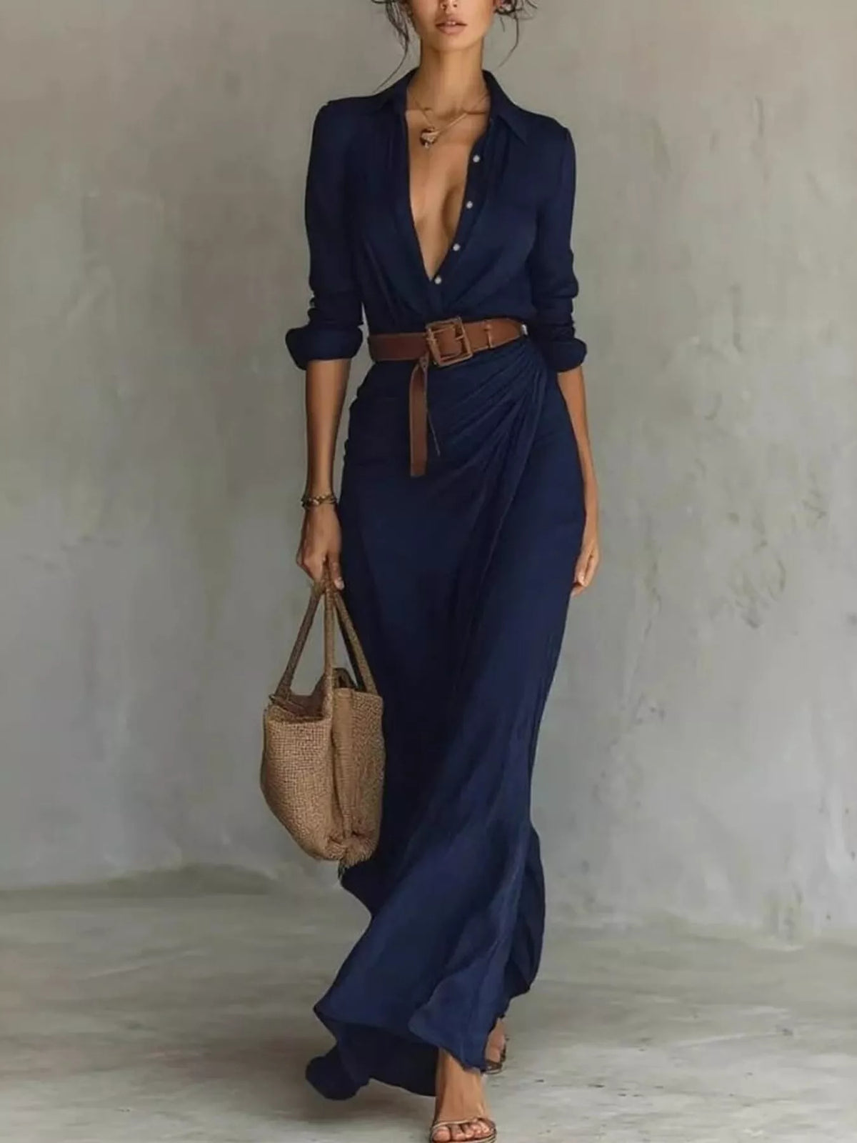 Full Size Ruched Long Sleeve Maxi Dress Plus Size in navy with buttoned design and belted waist.