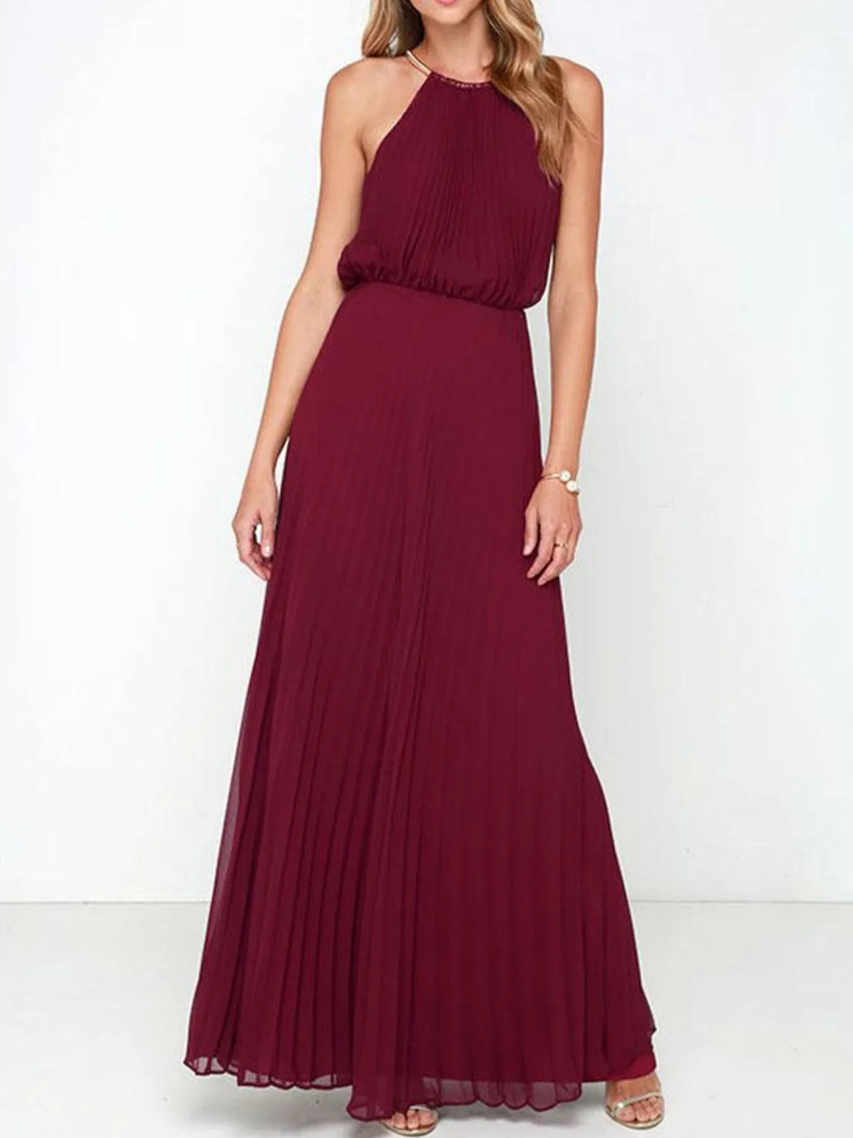 Burgundy pleated sleeveless maxi tank dress, ideal for affordable formal wear in NZ.