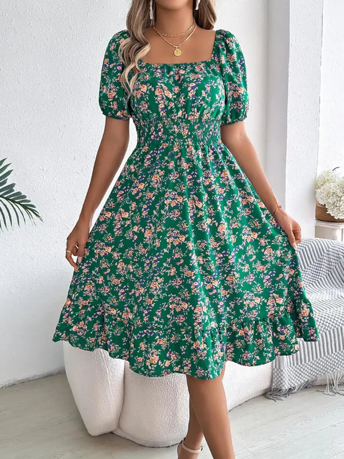 Ruffled Hem Floral Puff Sleeve Dress Dress Luxurious Weddings