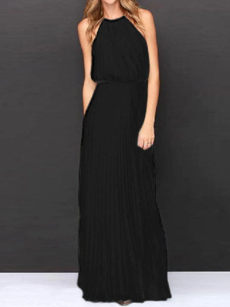 Pleated sleeveless maxi tank dress in black, perfect for affordable formal wear in NZ.