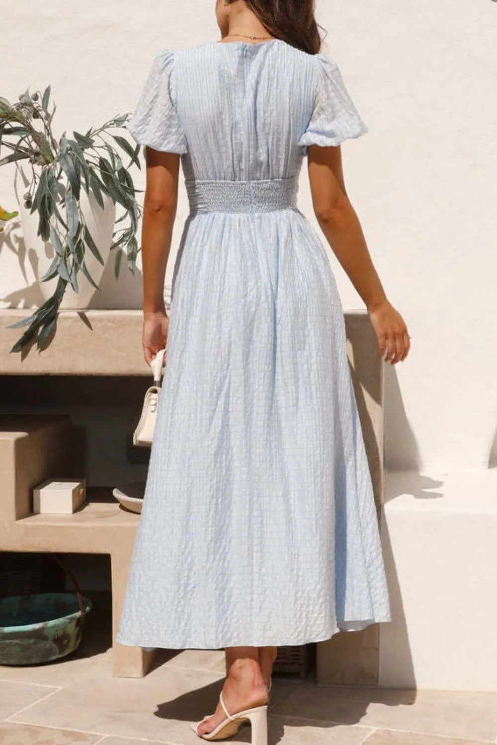 V-Neck Puff Short Sleeve Midi Dress Summer dress Luxurious Weddings