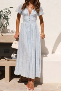 V-Neck Puff Short Sleeve Midi Dress Summer dress Luxurious Weddings