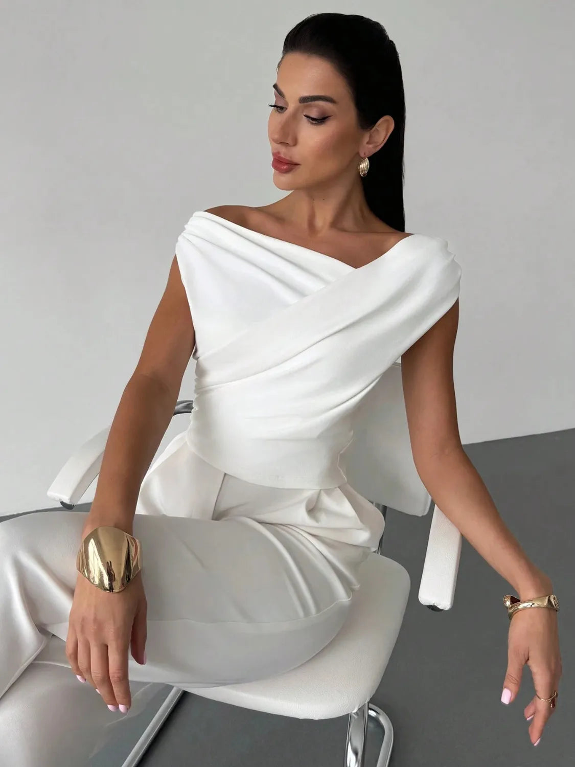 Asymmetrical Ruched Short Sleeve Top Luxurious Weddings