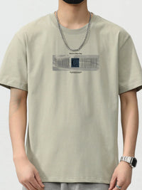 Men's plus size round neck short sleeve t-shirt in light green with printed design, perfect for casual wear.