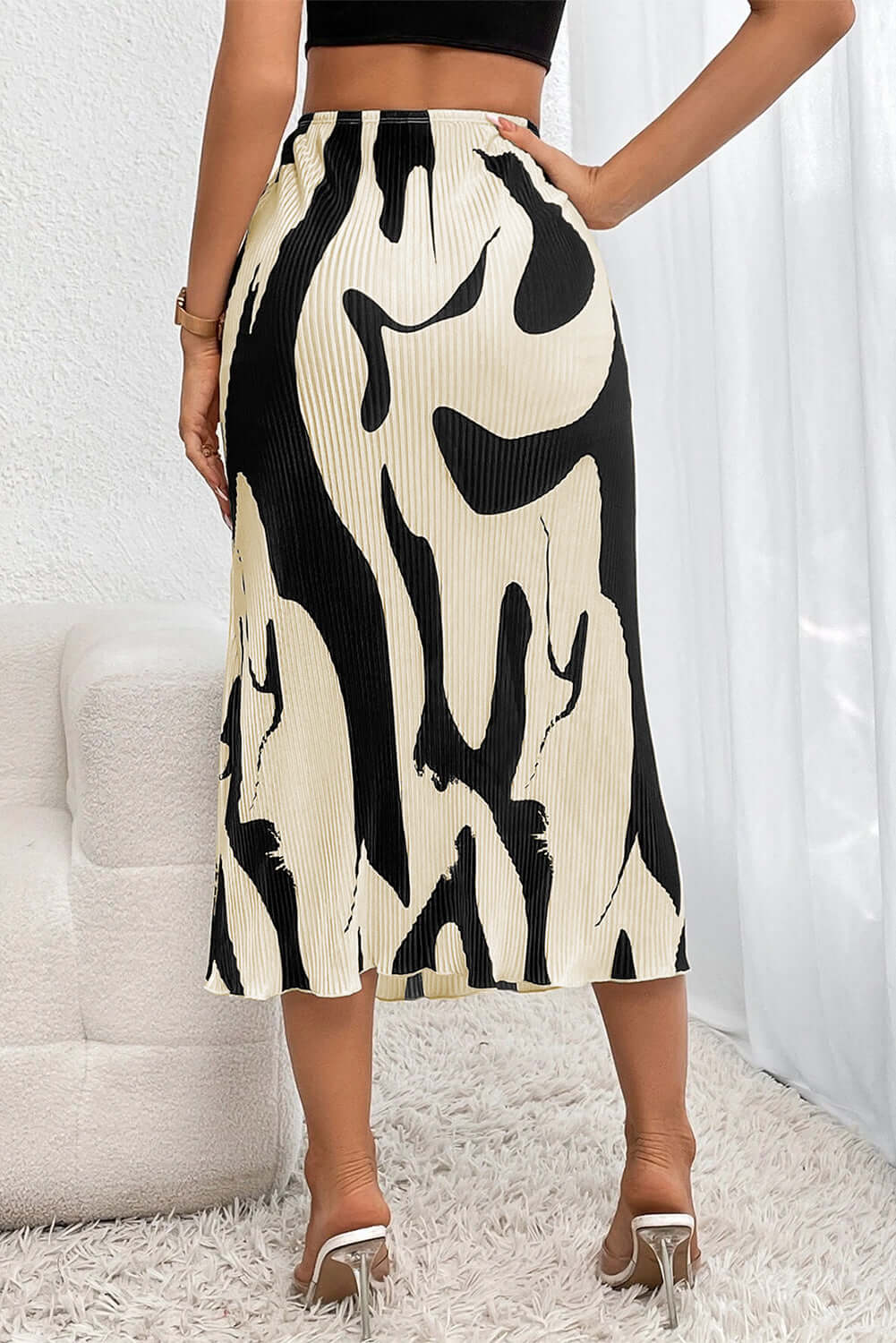 Black Colorblock Geometric Print Pleated Midi Skirt Bottoms/Skirts & Petticoat Luxurious Weddings