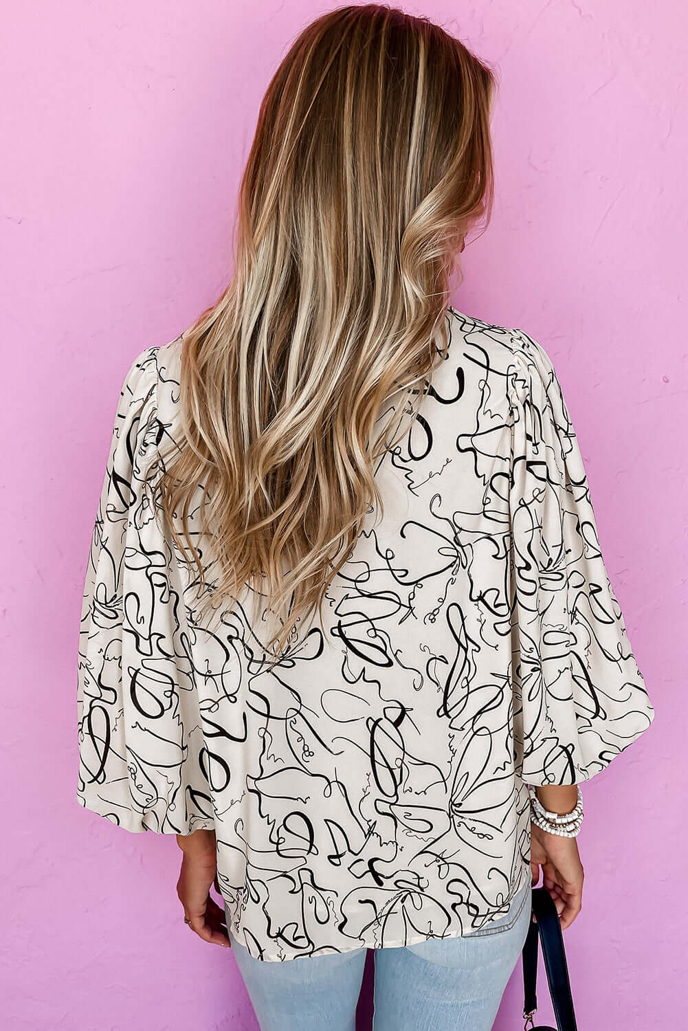 Beige Abstract Print Balloon Sleeve Crew Neck Blouse Tops/Blouses & Shirts Luxurious Weddings