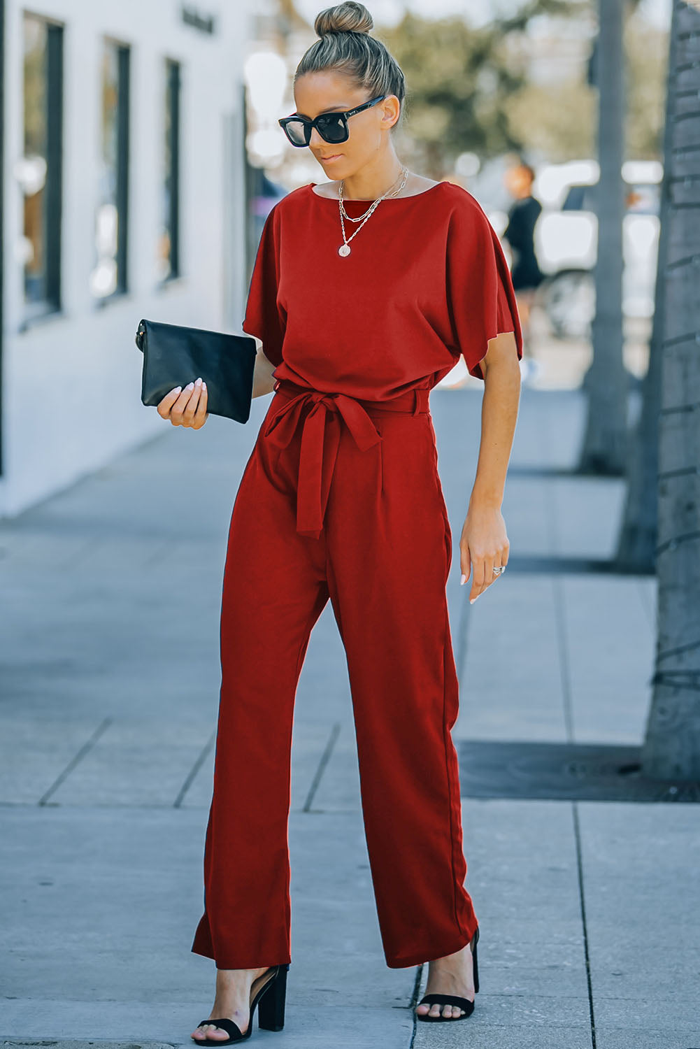 Fiery Red Belted Wide Leg Jumpsuit Bottoms/Jumpsuits & Rompers Luxurious Weddings