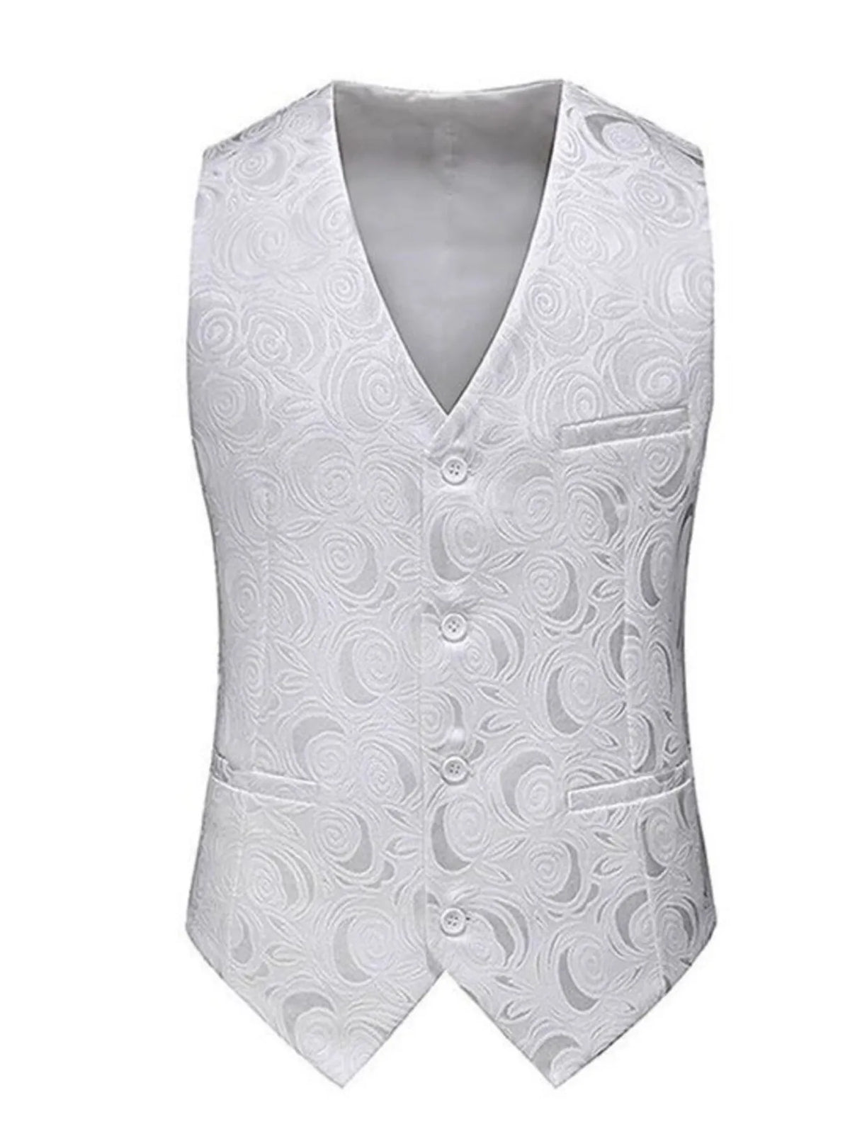 Men's plus size white v-neck button up vest with swirl pattern, made of 95% polyester and 5% spandex.