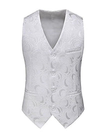 Men's plus size white v-neck button up vest with swirl pattern, made of 95% polyester and 5% spandex.