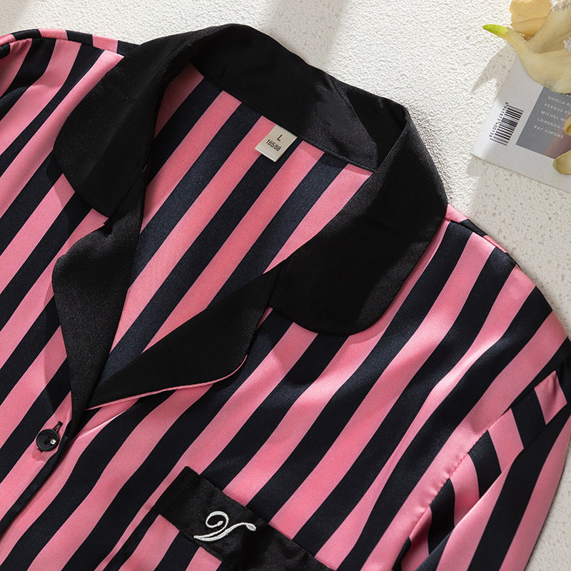 Super soft pink and black striped home wear suit top with classic collar, perfect for comfort and leisure.