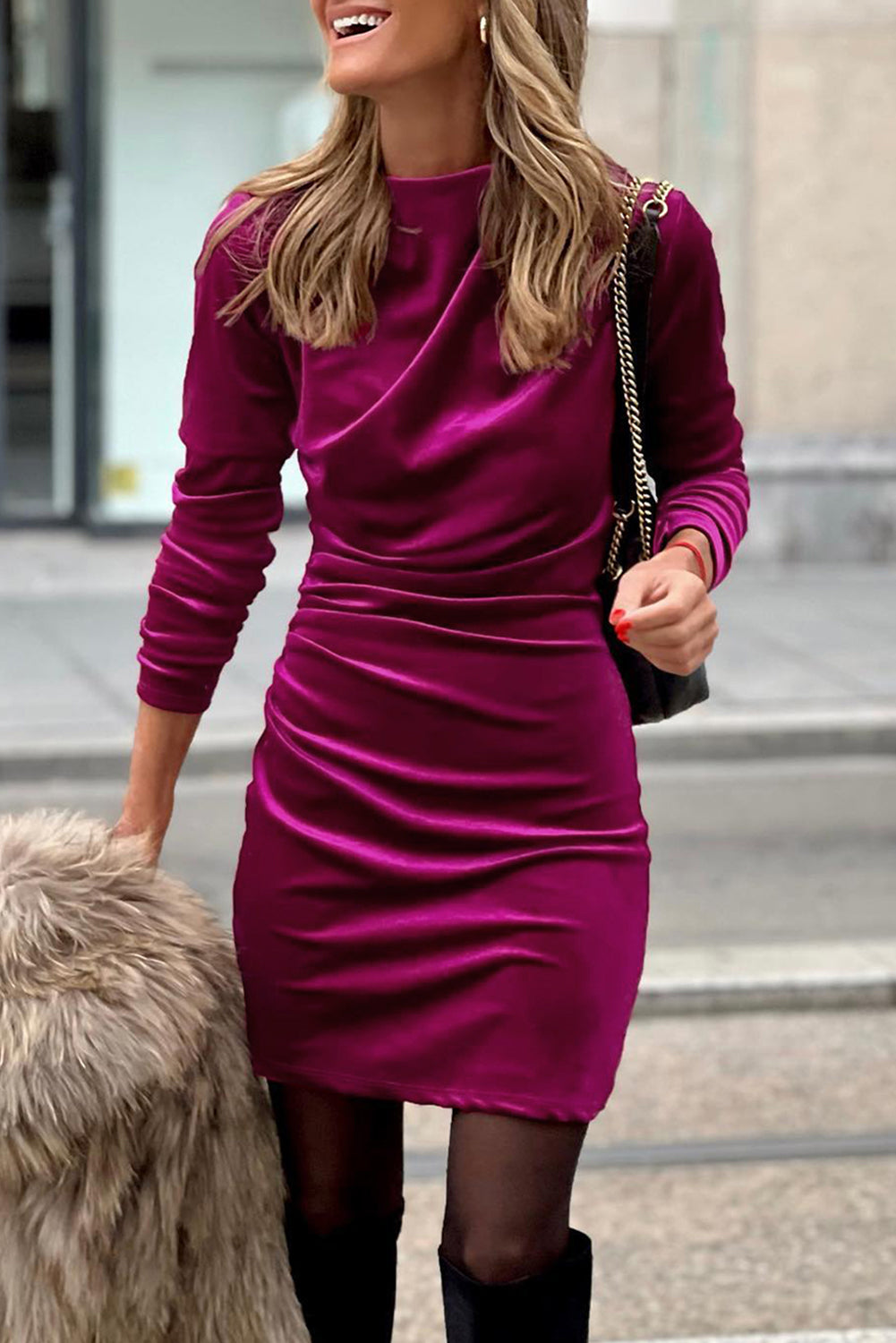 Pitaya Pink Velvet Mock Neck Ruched Long Sleeve Bodycon Dress Dresses/Bodycon Dresses Luxurious Weddings