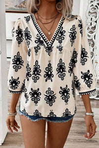 Beige Vintage Geometric Printed 3/4 Sleeve V Neck Blouse Tops/Blouses & Shirts Luxurious Weddings