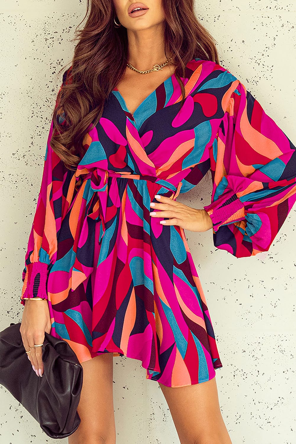 Fiery Red Abstract Printed Belted Puff Sleeve Mini Dress Dresses/Mini Dresses Luxurious Weddings