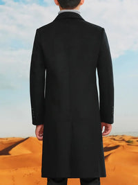 Men's plus size double-breasted long wool coat, displayed from the back in a desert setting.