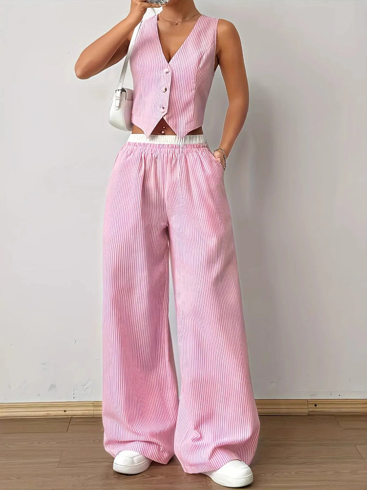 Striped Vest Top and Wide Leg Pants Two-Piece Set Coords Luxurious Weddings