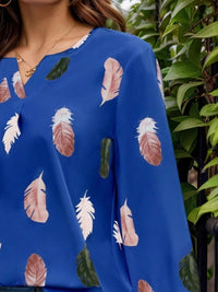 Feather Print Notched Balloon Sleeve Top BLOUSES Luxurious Weddings