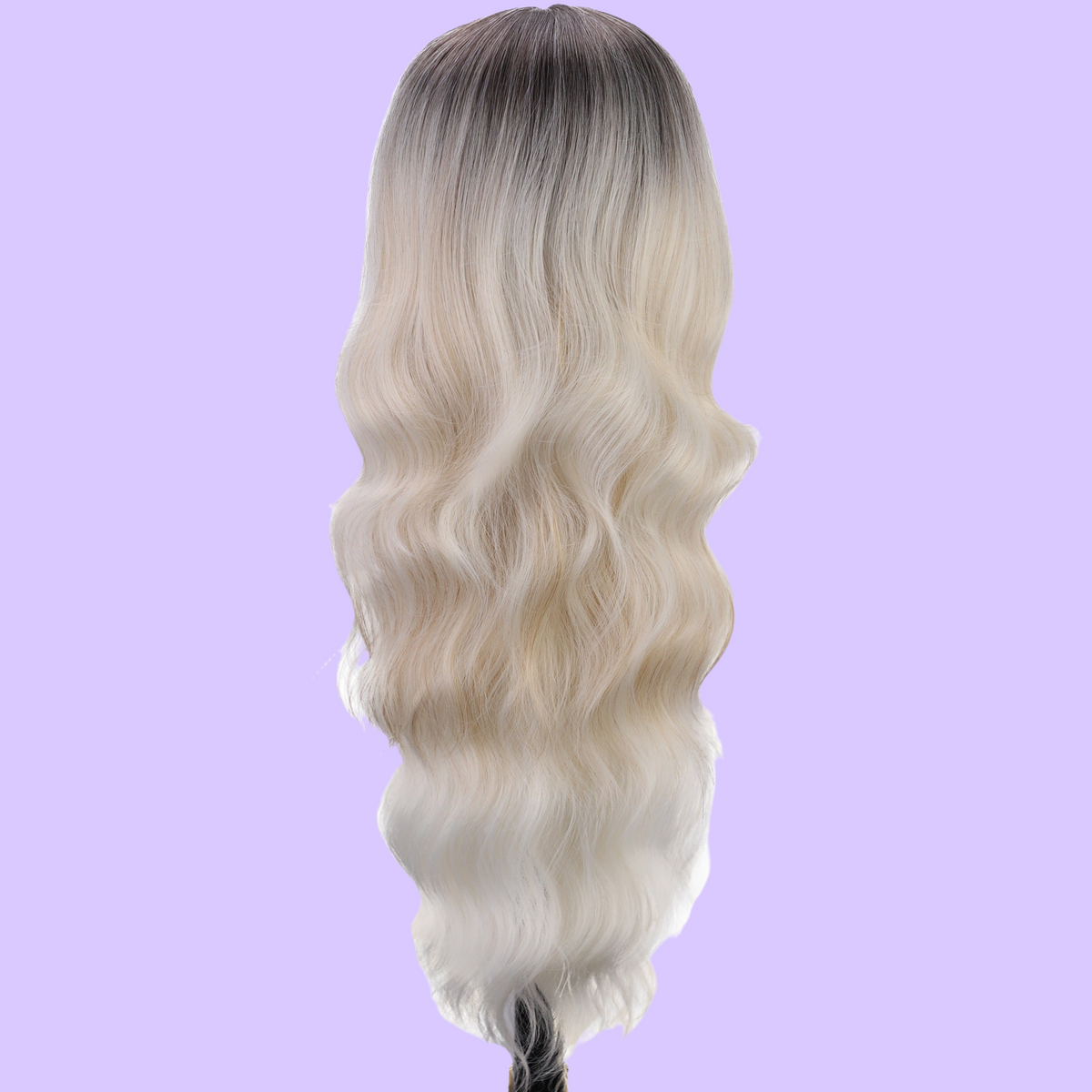 a long blonde wig on a purple background