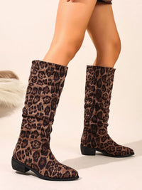 Point Toe Block Heels Boots in leopard print, featuring low heels and a knee-high design, perfect for stylish outfits.