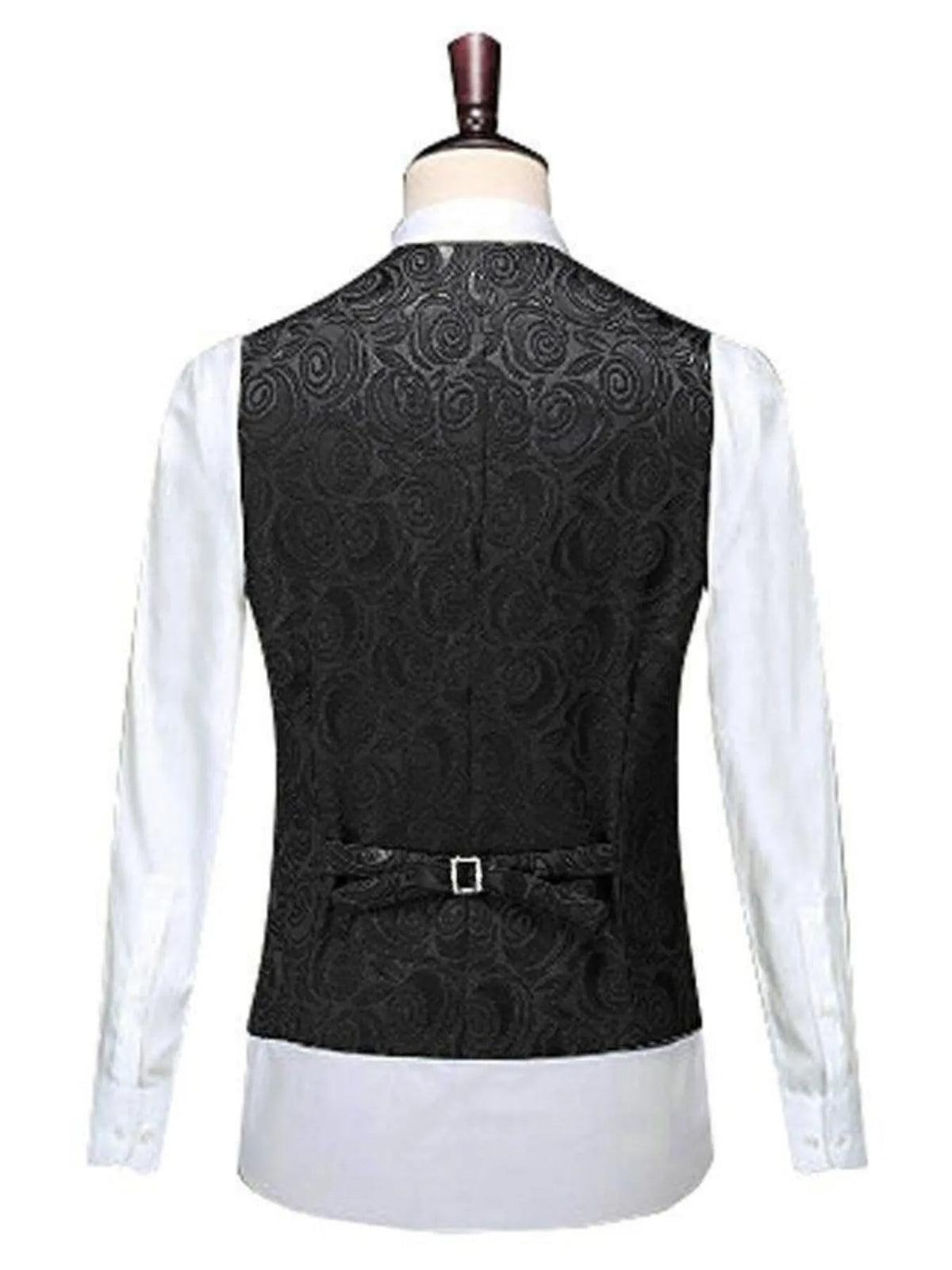 Men's plus size v-neck button-up vest featuring a stylish black paisley design and a back adjustment strap.