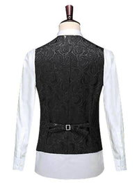Men's plus size v-neck button-up vest featuring a stylish black paisley design and a back adjustment strap.