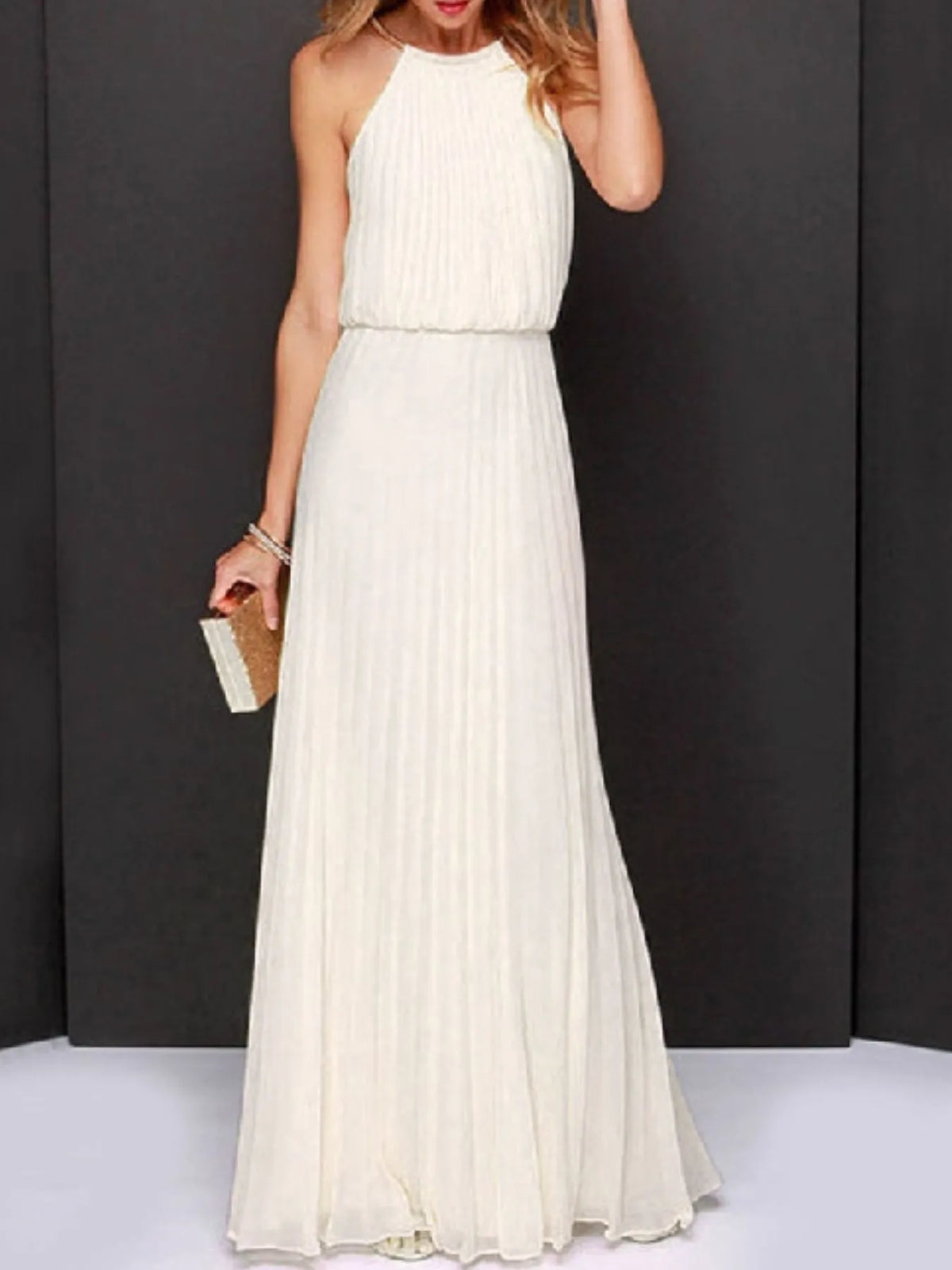 Pleated sleeveless maxi tank dress in cream color, perfect for affordable formal wear in NZ.