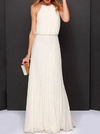 Pleated sleeveless maxi tank dress in cream color, perfect for affordable formal wear in NZ.
