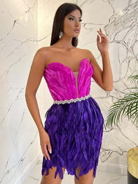 High Waist Feather Crystal Design Mini Dress Luxurious Weddings