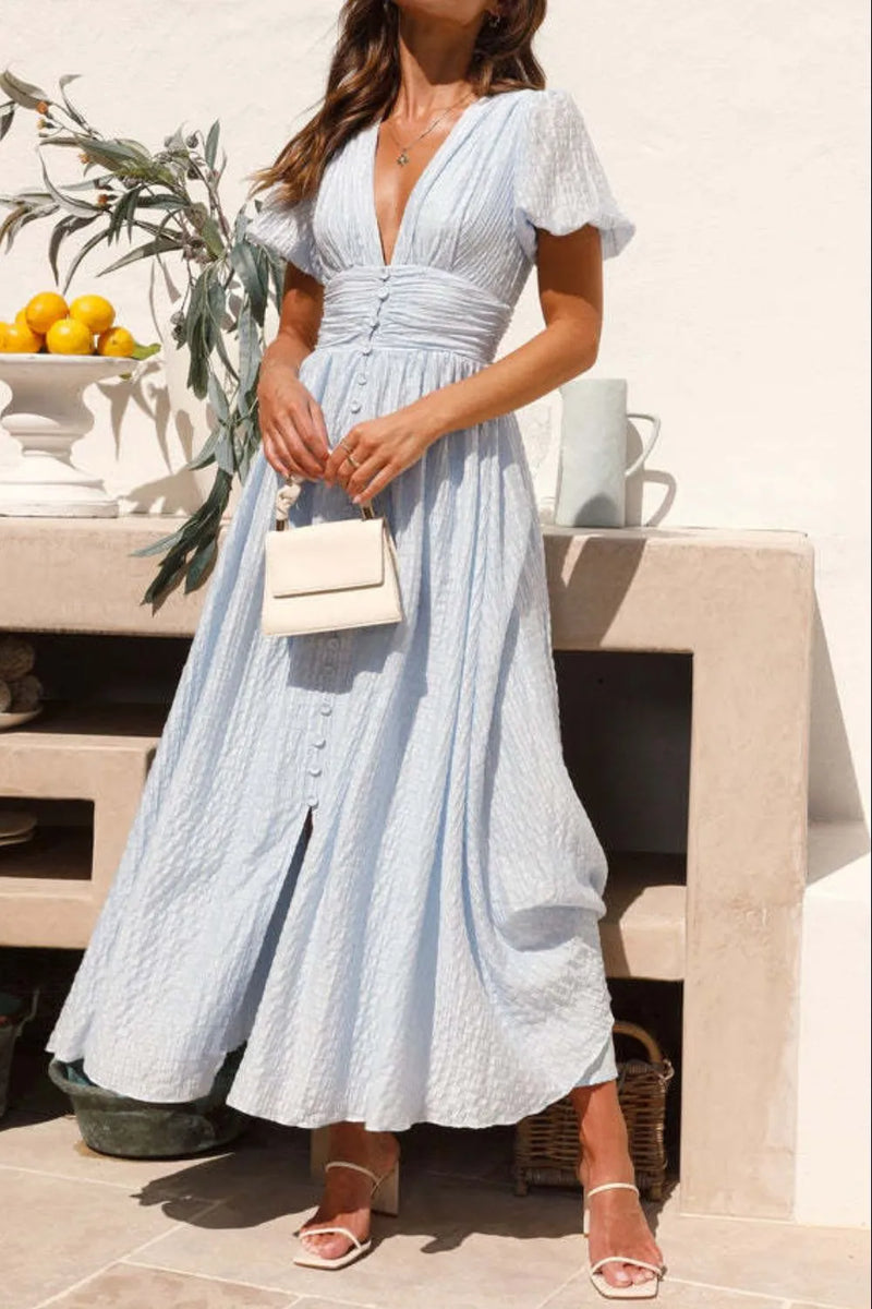 V-Neck Puff Short Sleeve Midi Dress Summer dress Luxurious Weddings