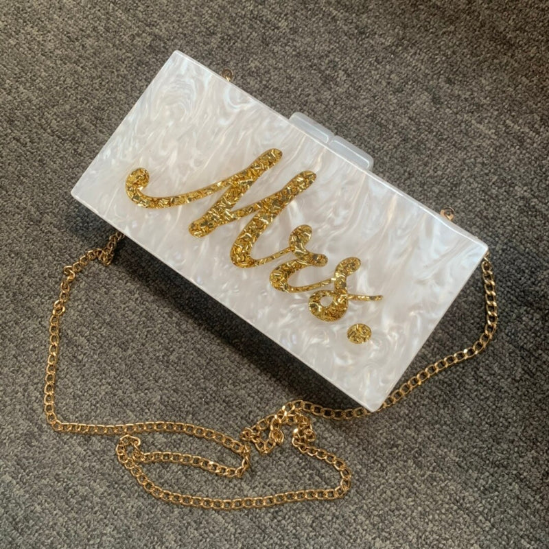 Mrs Letter evening bag in white marble with sequins design and gold chain for luxurious weddings
