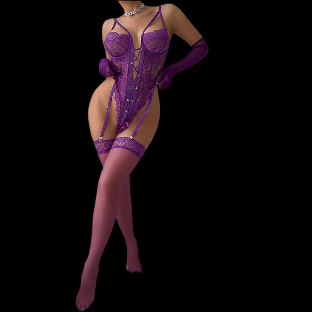Verführerisches Dessous-Set mit Spitzenbody und Handschuhen
