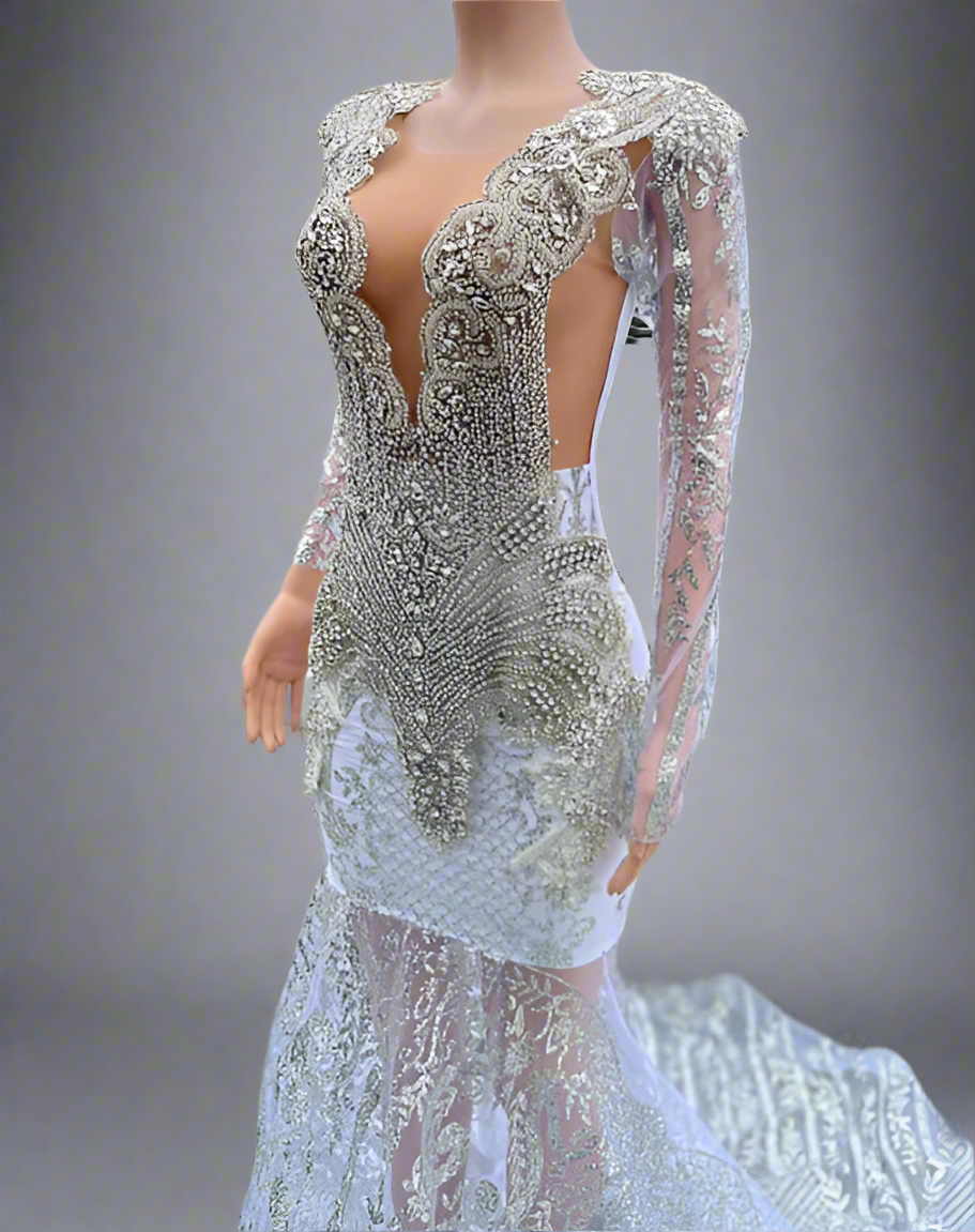 White Sequin Silver Rhinestone Prom Dress