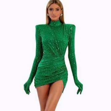 Green sequin velvet sleeve dress