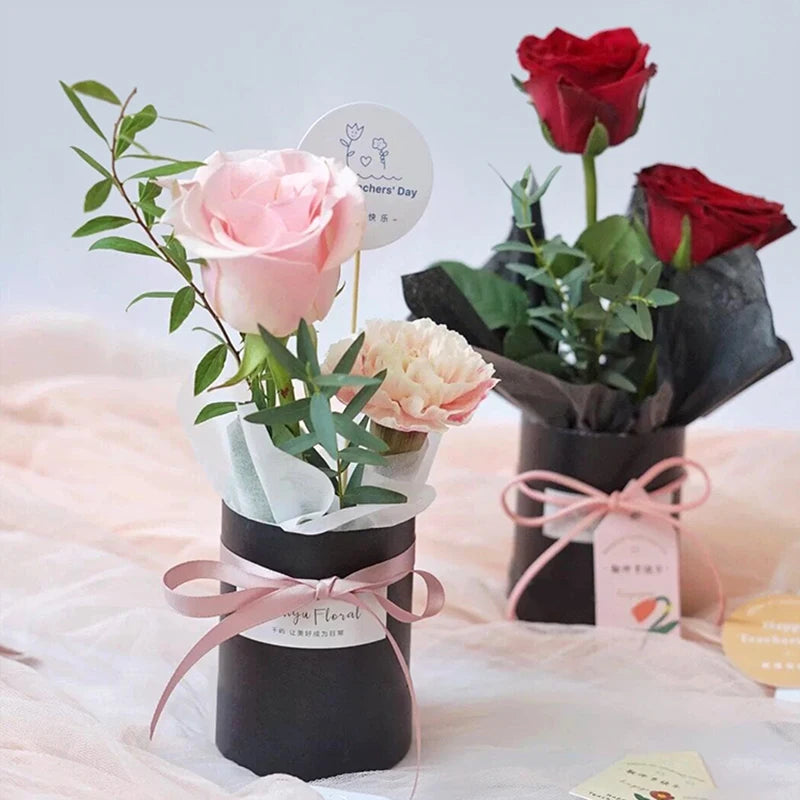 4Pcs Mini Flower Box Portable Round Rose Bouquet Bucket Boxes Wedding Party Table Decoration DIY Gift Packaging Valentine's Day Wedding Favors