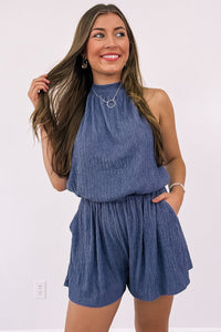 Bluing Knot Back High Neck Crinkle Textured Romper