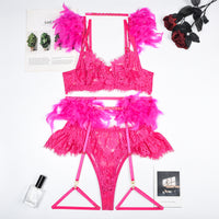 a pink lingerie with pink feathers on it