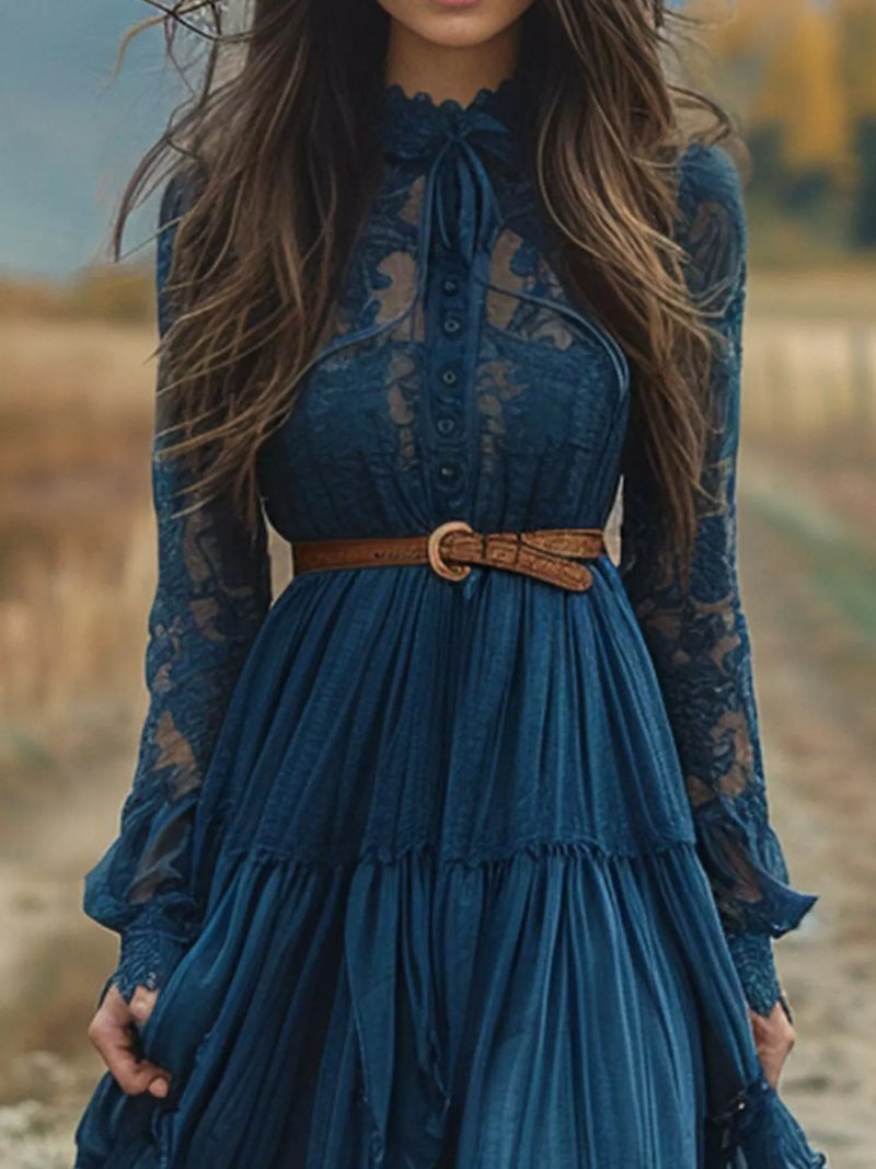 Lace Long Sleeve Maxi Dress featuring a blue lace design and belted waist, perfect for stylish outfits.