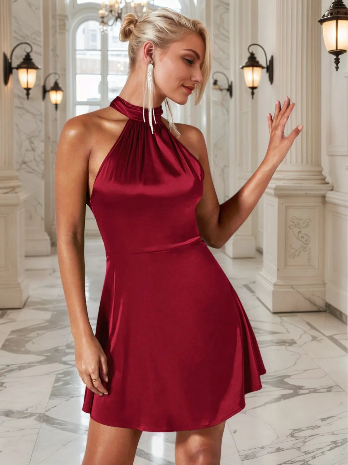 Ruched Grecian Neck Mini Dress Dresses/Mini Dresses Luxurious Weddings
