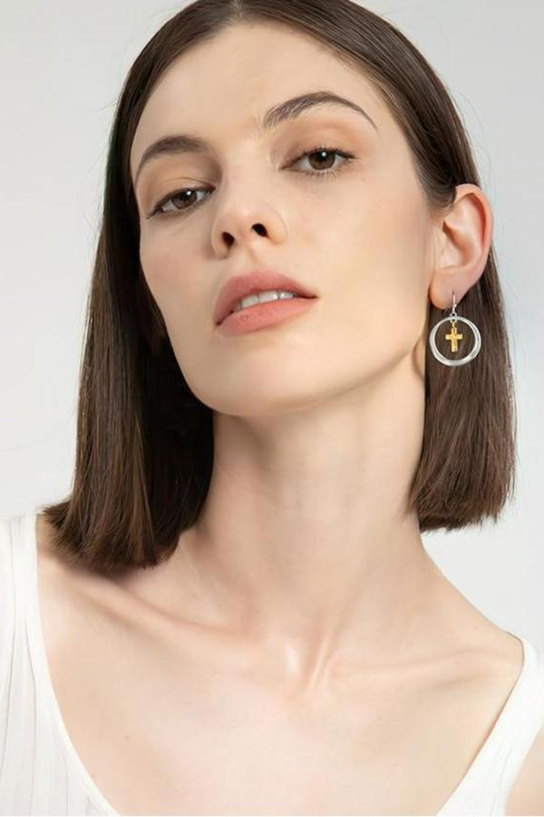 Brass Contrast Cross Dangle Earrings Luxurious Weddings